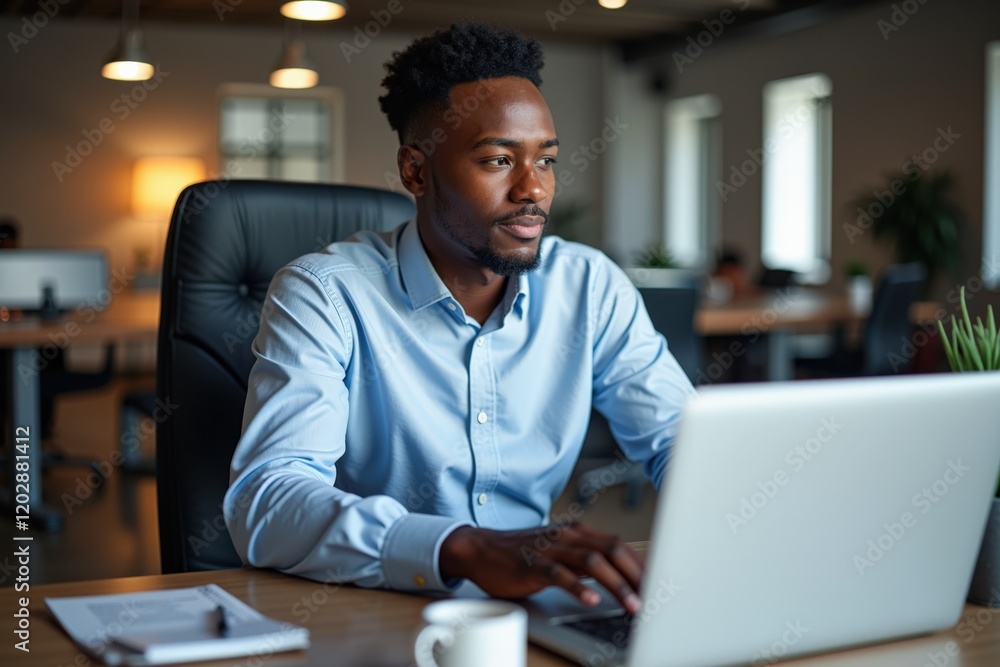 Focused Professional Man Working on Laptop in Modern Office Setting with Natural Light and Contemporary Decor Focused Professional Man Working on Laptop in Modern Office Setting with Natural Light and Contemporary Decor