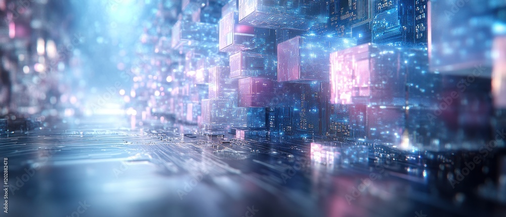 Obraz premium Futuristic cityscape with glowing cubes and digital data streams at twilight