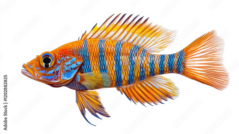 A minimalist cut-out of a tropical fish, vibrant orange and blue stripes, gracefully swimming with fins extended A minimalist cut-out of a tropical fish, vibrant orange and blue stripes, gracefully swimming with fins extended