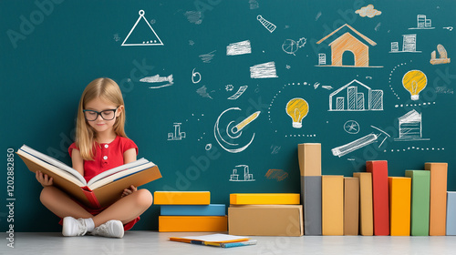 Curious Young Reader: A girl engrossed in a book, surrounded by colorful books and a chalkboard filled with inspiring drawings and icons. photo