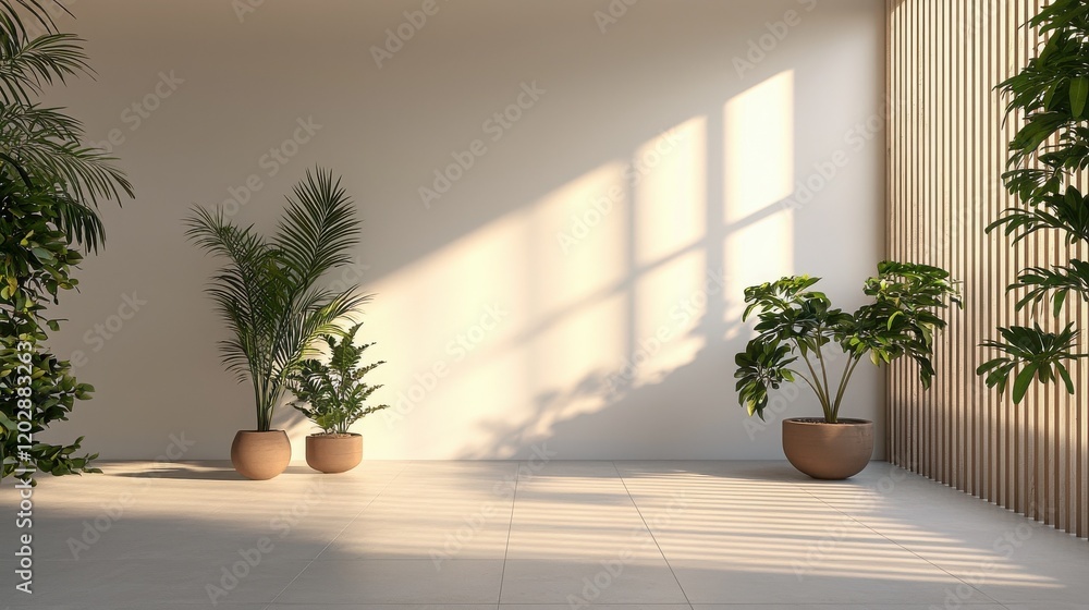 Naklejka premium Minimal style open space with plants 3d background empty room