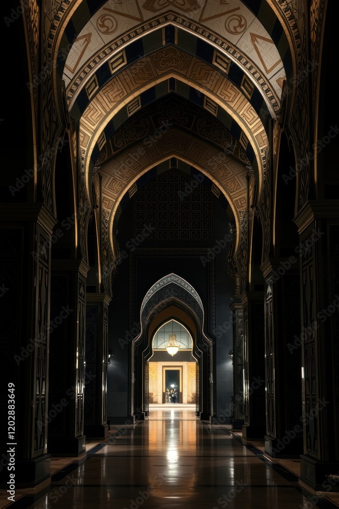 Fototapeta premium High definition photograph of a jet black Islamic archway at night. The focus is on intricate detail and deep shadows, with dark gold accents adding subtle