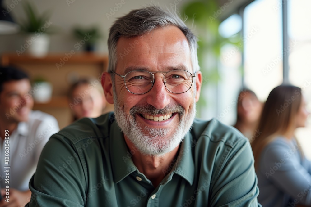 Cheerful Senior Man with Glasses Smiling in a Bright Modern Workspace Surrounded by Colleagues Engaged in Conversation Cheerful Senior Man with Glasses Smiling in a Bright Modern Workspace Surrounded by Colleagues Engaged in Conversation
