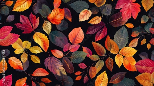 Autumn leaves in bright colors create a colorful and textured fall pattern with red, orange, yellow, and floral elements