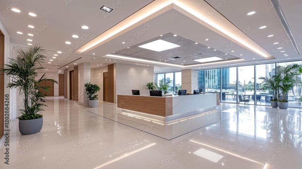 Fototapeta premium Modern office lobby with reception desk, plants, and city view; ideal for corporate websites