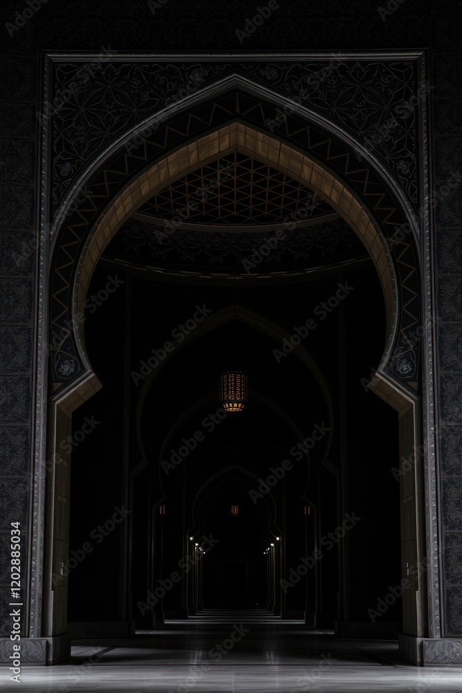 Obraz premium High definition photograph of a jet black Islamic archway at night. The focus is on intricate detail and deep shadows, with dark gold accents adding subtle