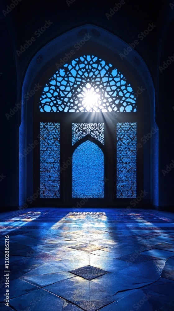 Sunlit ornate archway and stained-glass window in a dark blue room. Sunlit ornate archway and stained-glass window in a dark blue room.