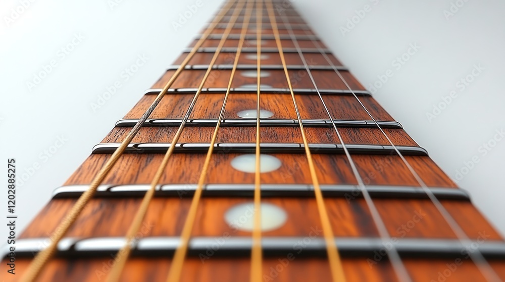 Acoustic guitar fretboard, close-up, strings, music instrument Acoustic guitar fretboard, close-up, strings, music instrument