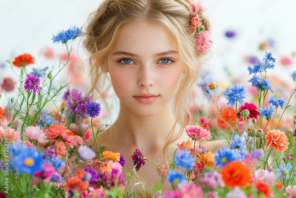 Naklejka premium A serene portrait of a young woman surrounded by vibrant flowers, evoking beauty and tranquility.