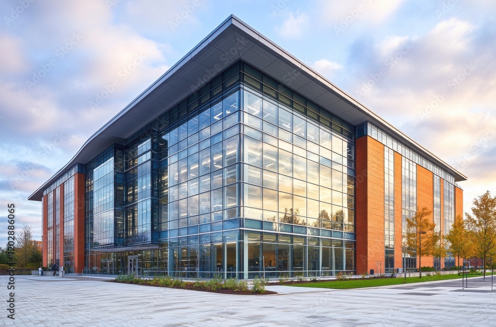 Obraz premium Modern Architectural Design of a Glass and Brick Building Surrounded by Lush Landscaping Under a Colorful Sky at Dusk in an Urban Environment