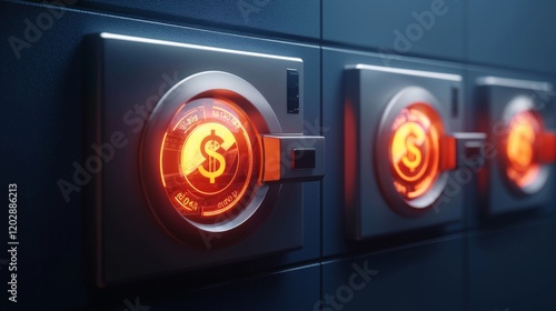 Illuminated Dollar Sign Against Futuristic Safe Lock Interface Highlighting Wealth and Financial Security Concepts