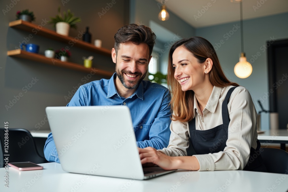 Couple Collaborating on Laptop in Modern Workspace: A Happy Man and Woman Engaged in Productive Discussion Over Technology in Stylish Office Setting Couple Collaborating on Laptop in Modern Workspace: A Happy Man and Woman Engaged in Productive Discussion Over Technology in Stylish Office Setting