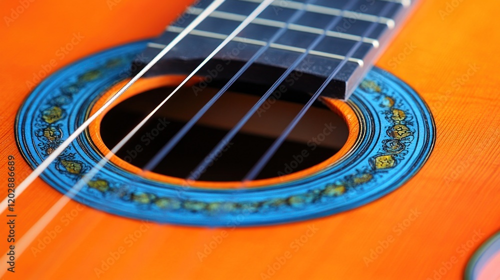 Close-up of acoustic guitar soundhole, strings, and orange wood. Music, hobby, instrument, background blur Close-up of acoustic guitar soundhole, strings, and orange wood. Music, hobby, instrument, background blur