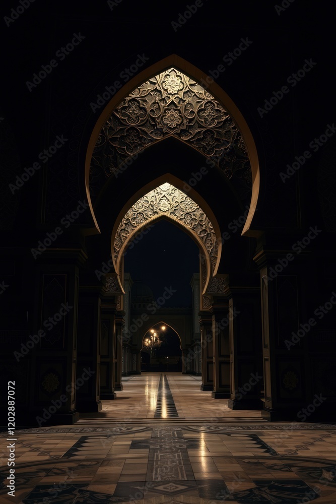 Fototapeta premium High definition photograph of a jet black Islamic archway at night. The focus is on intricate detail and deep shadows, with dark gold accents adding subtle