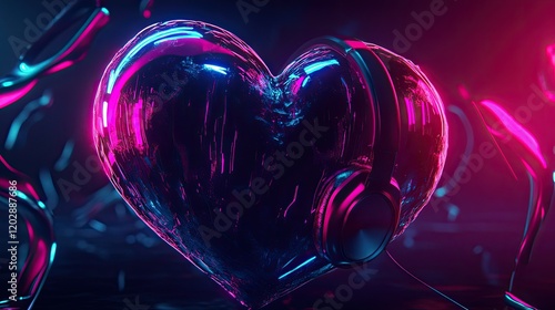 A black 3d-rendered heart wearing black and red over-the-ear headphones