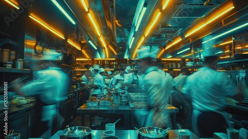 Motion blur image of chefs working in a vibrant, neon-lit restaurant kitchen.