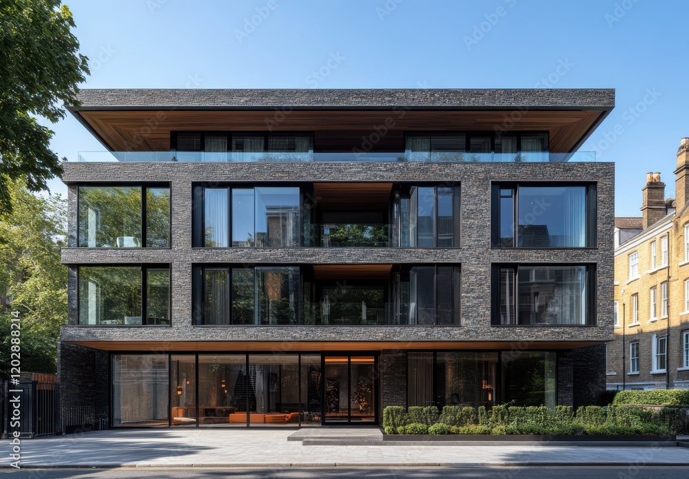 Fototapeta premium Modern Architectural Design of Urban Residence featuring Expansive Glass Facades and Natural Elements Amidst Greenery in a Bright Blue Sky Setting