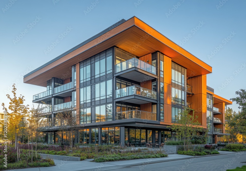 Fototapeta premium Modern Architectural Design of Stylish Apartment Building Featuring Large Windows and Vibrant Colors Surrounded by Lush Green Landscaping in Urban Environment