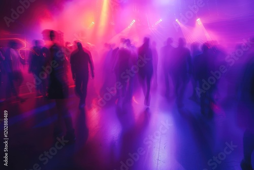 Blurry silhouettes of people dancing in a nightclub with vibrant pink and purple lighting.