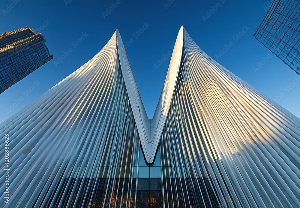 Modern architectural design showcasing striking wave-like structures under a clear blue sky, symbolizing innovation and creativity in urban environments.