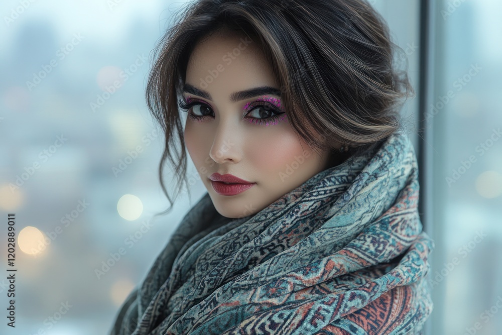 Close-up portrait of a woman with vibrant makeup and a patterned scarf against a city backdrop Close-up portrait of a woman with vibrant makeup and a patterned scarf against a city backdrop