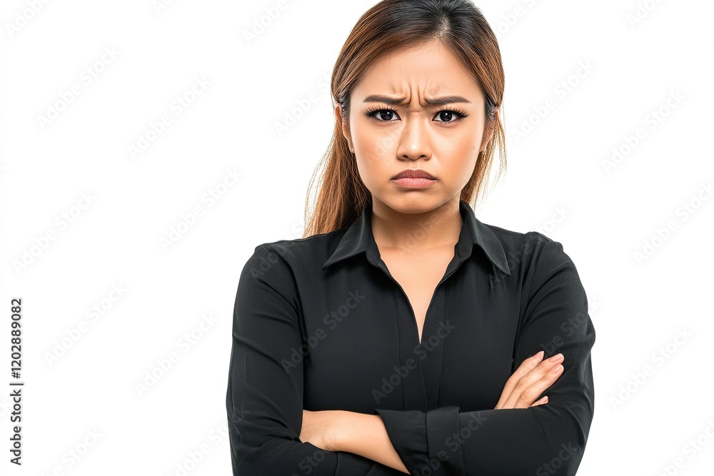 A woman with a serious expression, arms crossed, conveying frustration or discontent. A woman with a serious expression, arms crossed, conveying frustration or discontent.