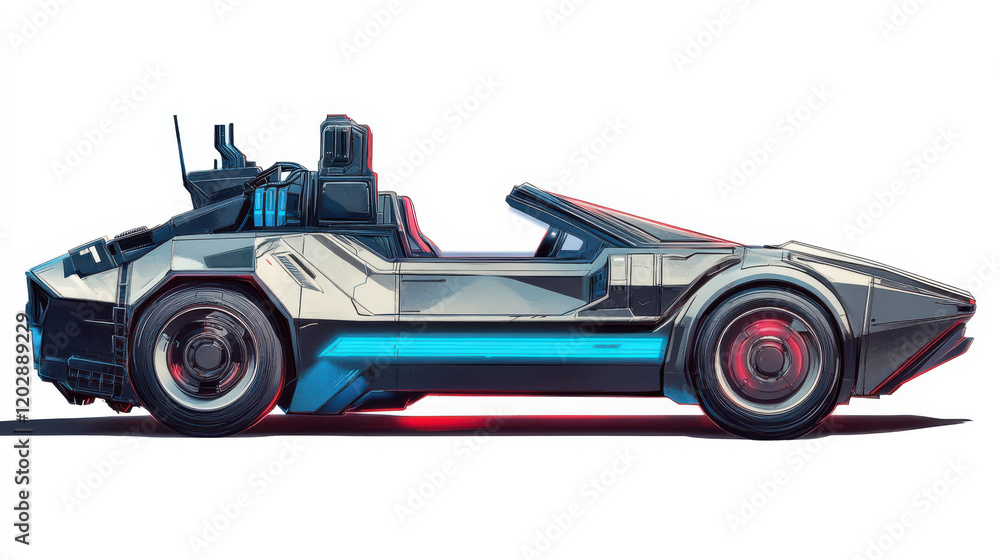 A futuristic cut-out of a sleek sports car, metallic silver with neon blue accents, side view A futuristic cut-out of a sleek sports car, metallic silver with neon blue accents, side view