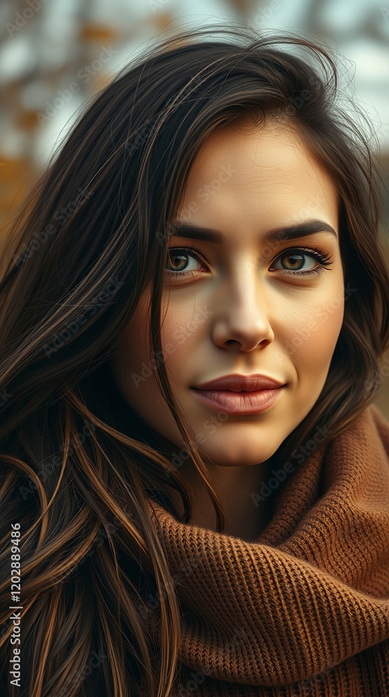 A young Caucasian woman with long brunette hair wrapped in a cozy brown scarf, exuding a natural beauty amidst a softly blurred autumn background. A young Caucasian woman with long brunette hair wrapped in a cozy brown scarf, exuding a natural beauty amidst a softly blurred autumn background.
