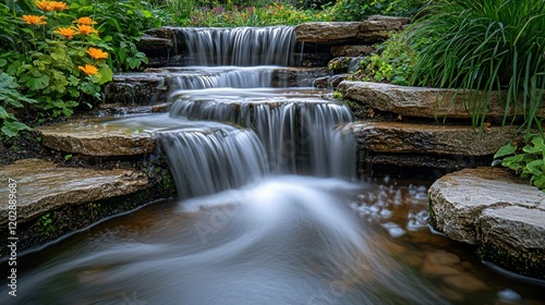 Garden waterfall cascading down rocks, flowers in background