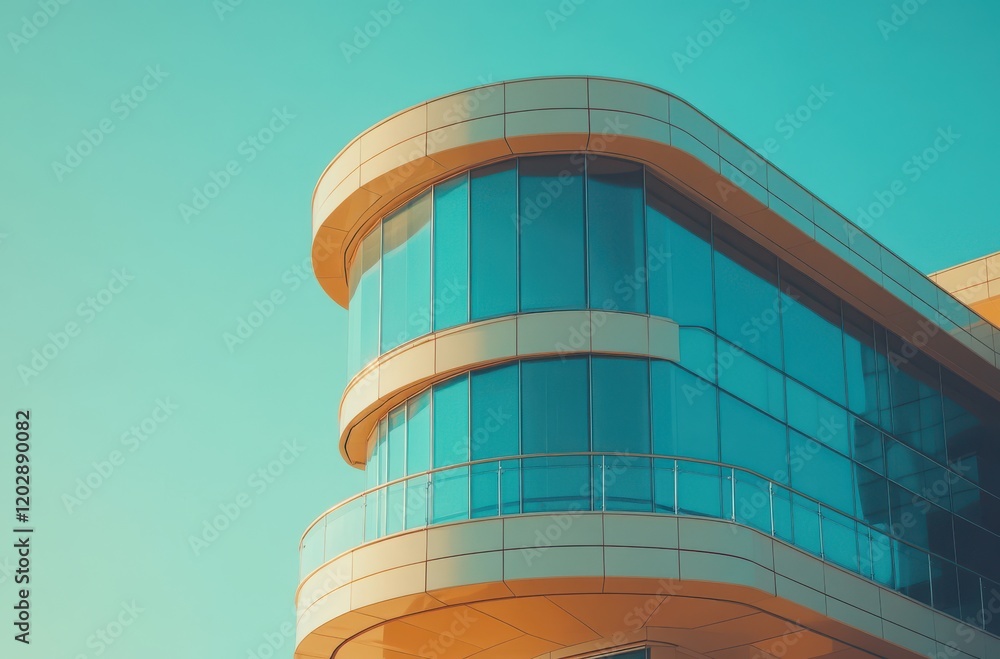 Obraz premium Modern Architectural Detail of a Curved Glass Facade Against a Clear Sky, Showcasing Innovative Design and Contemporary Building Elements