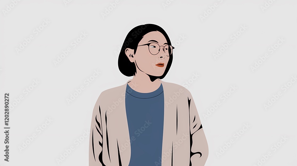 Fototapeta premium Bold Minimalist Illustration of a Woman with Short Hair in a Beige Cardigan and Blue Shirt