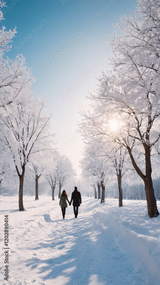 A Couple Enjoying a Relaxing Walk in a Beautiful and Serene Winter Wonderland Setting A Couple Enjoying a Relaxing Walk in a Beautiful and Serene Winter Wonderland Setting