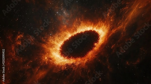 A dark black hole surrounded by a fiery, glowing accretion disk in space.