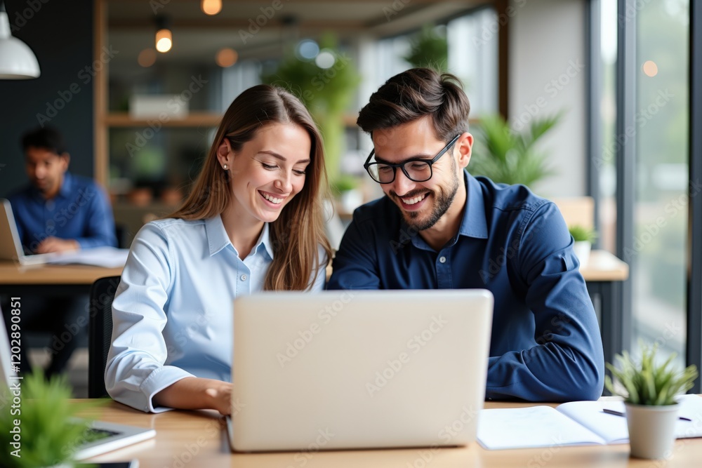 Professional Colleagues Collaborating in Modern Office Space Smiling at Laptop with Greenery Background Professional Colleagues Collaborating in Modern Office Space Smiling at Laptop with Greenery Background