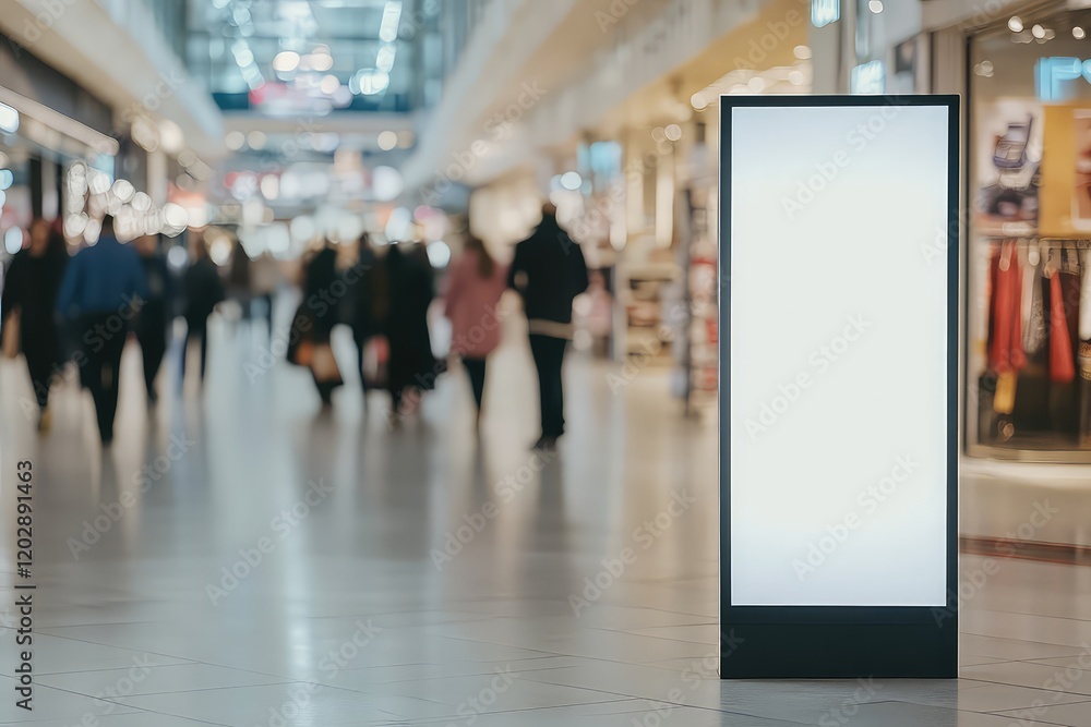 Freestanding light box sign mockup placed on a shopping mall floor, directing customers. Freestanding light box sign mockup placed on a shopping mall floor, directing customers.