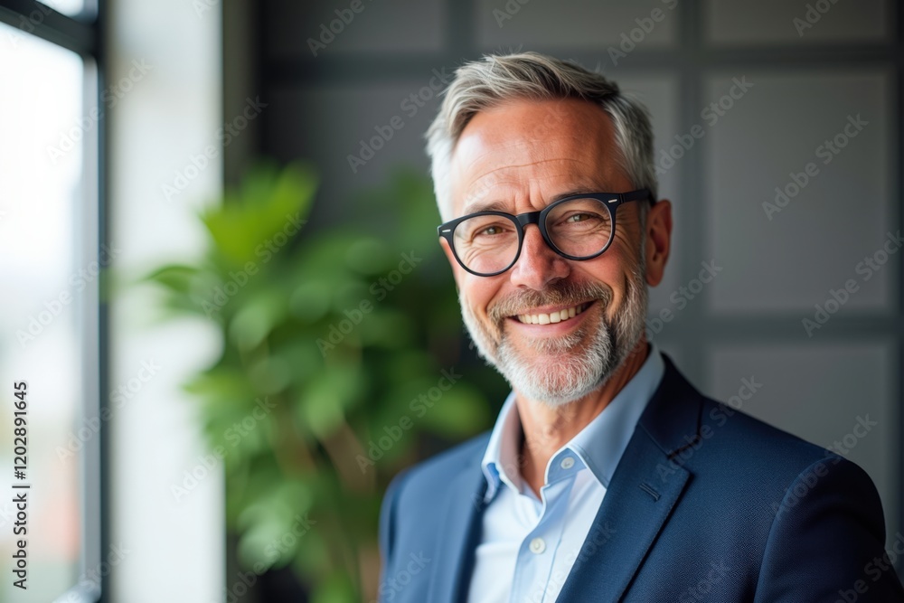 Professional Portrait of a Confident Senior Man with Glasses Smiling in an Indoor Setting Surrounded by Greenery and Natural Light Professional Portrait of a Confident Senior Man with Glasses Smiling in an Indoor Setting Surrounded by Greenery and Natural Light