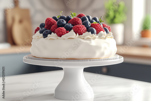 A Pavlova cake with a crispy meringue base, whipped cream topping, and vibrant mixed berries placed on an elegant white cake standing a kitchen photo