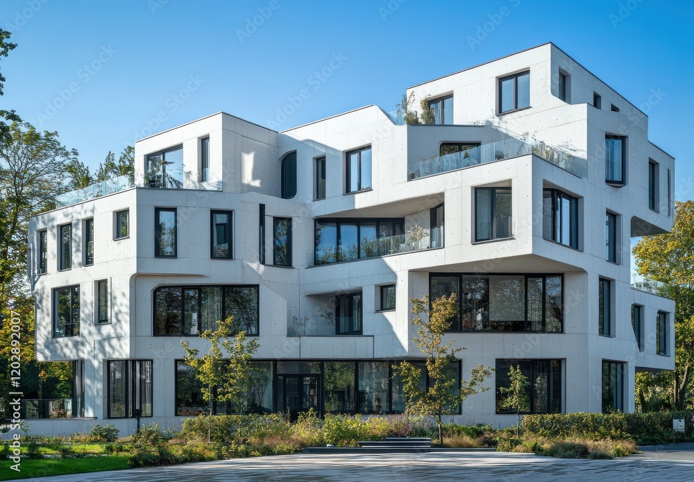 Modern Architectural Marvel: A Unique White Building in Urban Nature Featuring Geometric Design, Ample Windows, and Greenery Surrounding the Structure Modern Architectural Marvel: A Unique White Building in Urban Nature Featuring Geometric Design, Ample Windows, and Greenery Surrounding the Structure