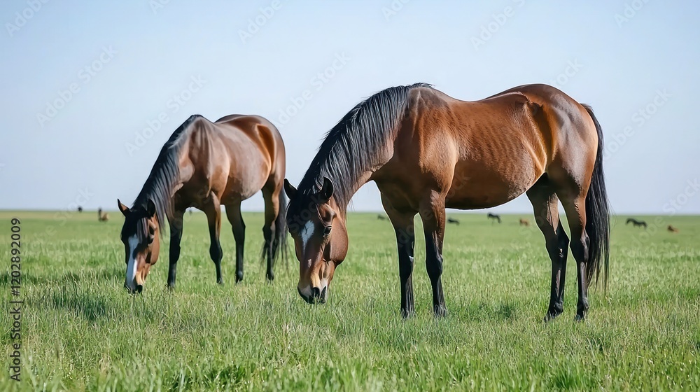 Horses Grazing in a Green Field Horses Grazing in a Green Field