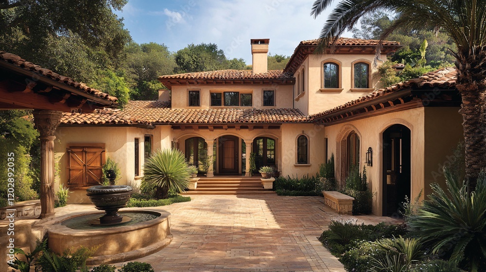 Fototapeta premium Mediterranean Style Villa with Courtyard Fountain