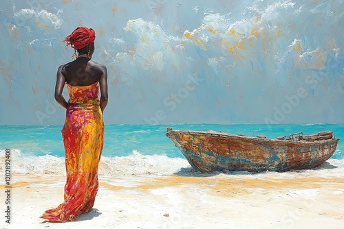 A serene beach scene with a woman in a colorful dress gazing at a boat by the shore.