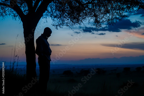Silhouette of a man leaning against a tree at dusk in a serene rural landscape with soft twilight sky and distant mountains.