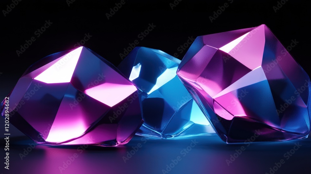Glowing crystals, dark background, neon light, digital art, website banner Glowing crystals, dark background, neon light, digital art, website banner