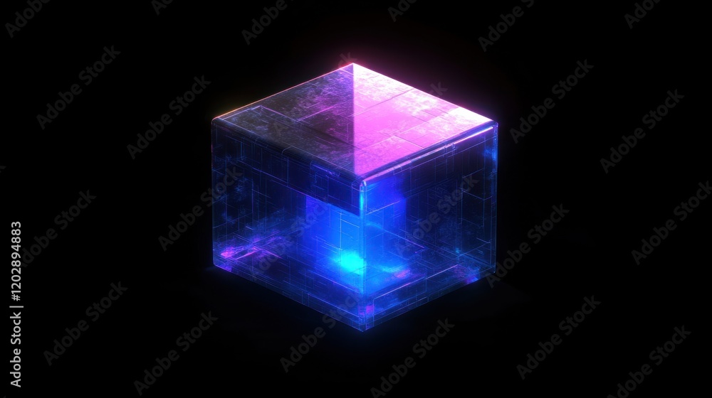 Fototapeta premium Glowing cube, digital art, dark background, futuristic design, tech concept