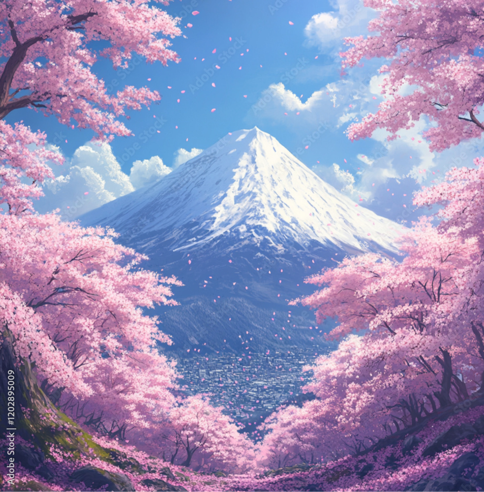 Obraz premium A breathtaking view of Mount Fuji under a bright blue sky, surrounded by vibrant pink cherry blossoms. their petals softly falling, Mount Fuji stands majestically, snow-capped, illuminated by soft sun