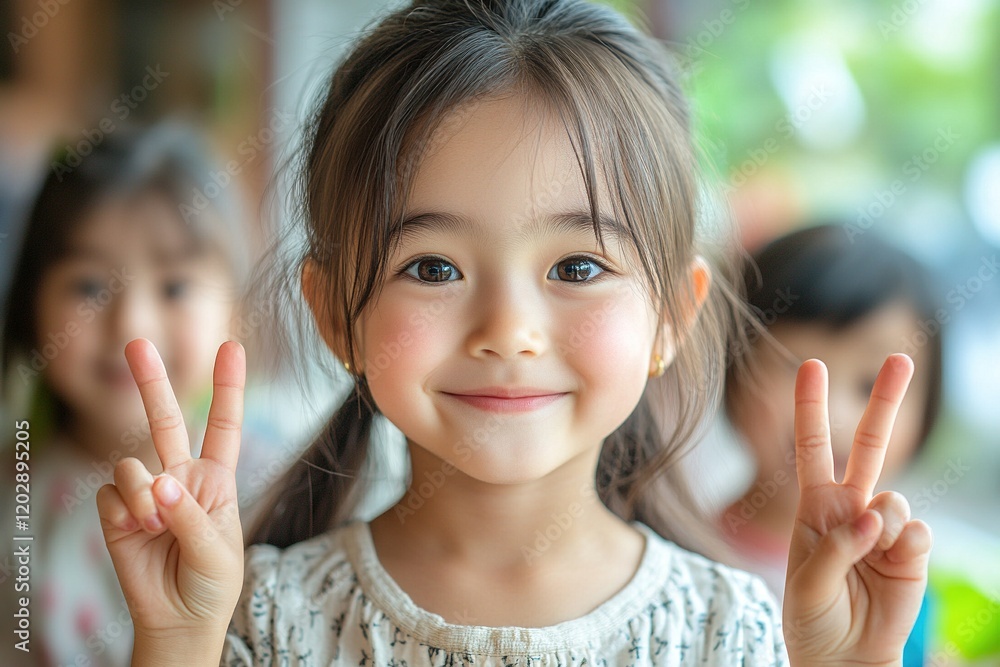 A cheerful young girl making peace signs with a smile, surrounded by friends. A cheerful young girl making peace signs with a smile, surrounded by friends.