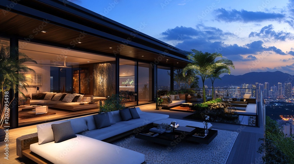 Obraz premium Modern Rooftop Terrace with City Skyline View