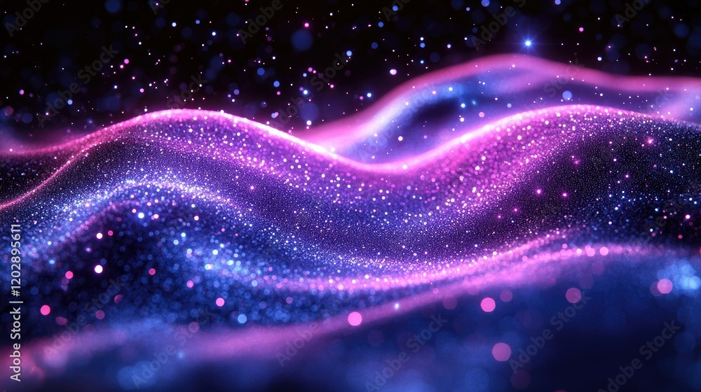A vibrant, abstract representation of waves with shimmering particles in shades of purple and blue. A vibrant, abstract representation of waves with shimmering particles in shades of purple and blue.