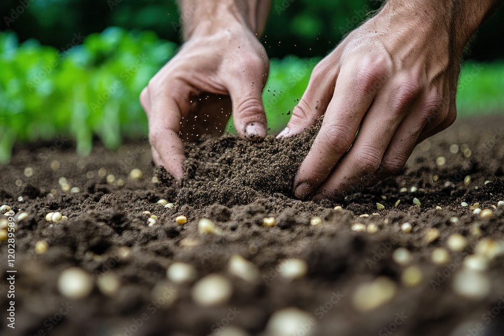 Hands Planting Seeds in Rich Soil, Surrounded by Green Crops in a Garden Hands Planting Seeds in Rich Soil, Surrounded by Green Crops in a Garden