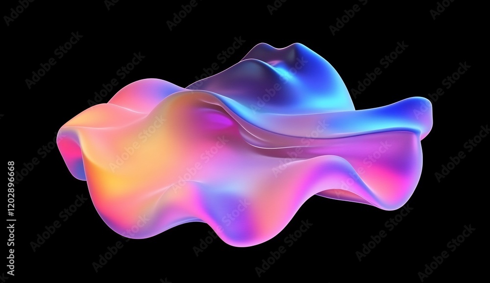 Abstract iridescent 3D render of a flowing, wavy form, exhibiting vibrant hues of pink, purple, blue, and orange against a stark black backdrop. The image evokes a sense of fluidity and movement. Abstract iridescent 3D render of a flowing, wavy form, exhibiting vibrant hues of pink, purple, blue, and orange against a stark black backdrop. The image evokes a sense of fluidity and movement.